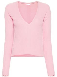 bubblegum pink wool ribbed knit metal eyelet detailing gold-tone logo plaque plunging V-neck long sleeves straight hem Wool Jumper, Yoko London, City Dress, Knitted Tops, Iconic Bags, Summer Beach Wear, Exclusive Fashion, Bubblegum Pink, Ribbed Sweater