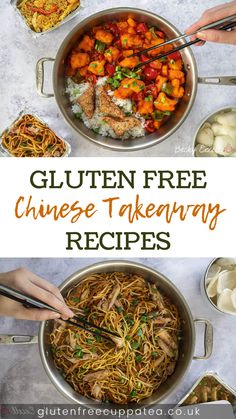 two pictures with the words gluten free chinese takeaway recipes on top and bottom