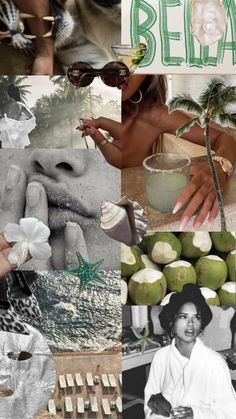 a collage of photos with people and animals in them, including coconuts, palm trees, an image of a woman's face