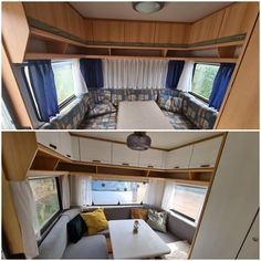 the interior and exterior of an rv with couches, tables, and other items