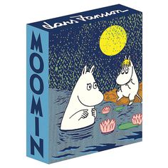 a box with two moomies playing in the water and one is looking at another