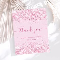 pink and gold glitter wedding thank card with the word, thank you on it's front