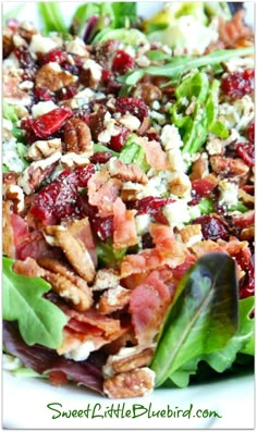 a salad with bacon, lettuce and cranberries in it on a white plate