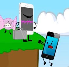 an animated image of two cell phones and one pig jumping over a cliff into the sky