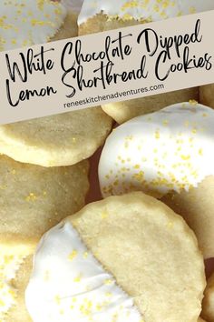 Pile of White Chocolate dipped lemon shortbread cookies on a platter ready to eat. Cookies Dipped In White Chocolate, Lemon Shortbread, Lemon Shortbread Cookies, Oatmeal Cookies Chewy, Lemon Dessert Recipes, Shortbread Cookie Recipe, Favorite Cookie Recipe, Shortbread Cookie, Delicious Cookie Recipes