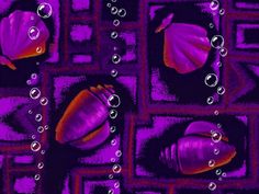 an image of purple and orange shells on a black background with bubbles in the air