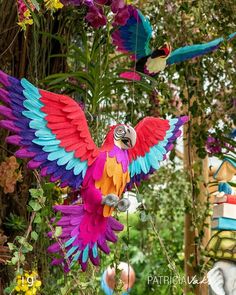 a colorful bird hanging from a tree with other birds in the background