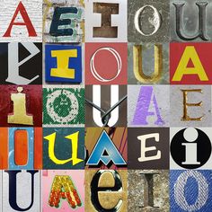 a collage of letters and numbers made up of different colors, shapes and sizes