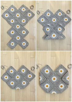 crocheted potholders with daisy flowers on them are shown in four different stages