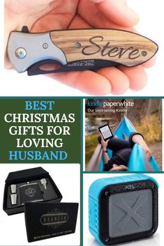 the best christmas gifts for loving husband is in this collage with photos and text