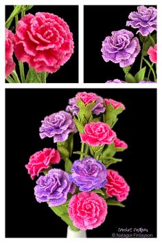 three different images of flowers in a vase with green stems and pink, purple, and red flowers