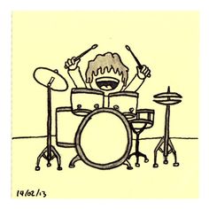 a drawing of a person playing drums in front of a drum set and microphones