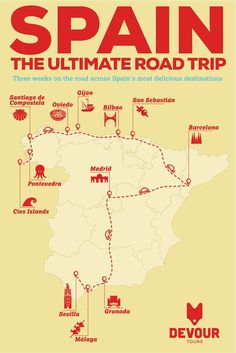 the spain road trip map with all its major destinations and their respective locations in red