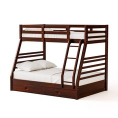 the bunk bed is made up with two sets of drawers on one side and an extra set of pillows on the other