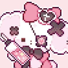 an image of a pixelated hello kitty with pink and black hearts on it's chest