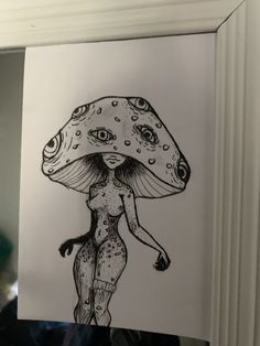 a black and white drawing of a woman with a mushroom on her head in front of a mirror