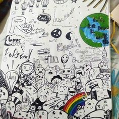 a bunch of doodles are on a piece of paper with a fork and knife