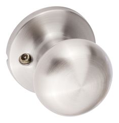 two round knobs on the back of a door handle, both in satin stainless steel