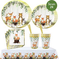 the woodland animals are on this tableware set