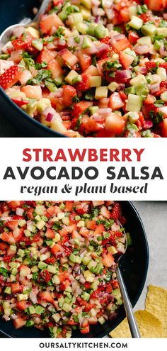 strawberry avocado salsa in a skillet with tortilla chips on the side