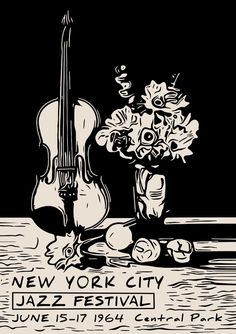 a black and white drawing of a violin with flowers in the vase next to it