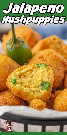 there is a plate full of fried food with the title jalapeno hush puppies