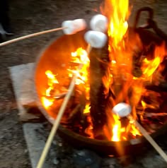 marshmallows being cooked over an open fire with sticks sticking out of it