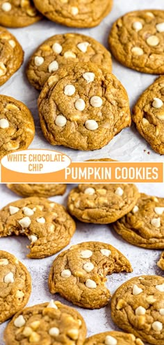 white chocolate chip pumpkin cookies on a baking sheet with text overlay that says white chocolate chip pumpkin cookies