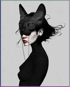 a woman with black hair and a cat's head on her face, in front of a gray background