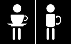 two black and white signs with people holding coffee cups in their hands, one has a plate on it