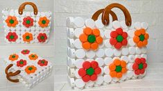 this is a handbag made out of plastic bottle caps and paper flowers on it