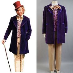 the man is wearing a purple coat and top hat with a cane in his hand