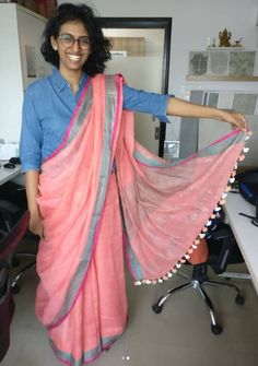 Peach coloured linen saree. wrinkles easily but has a nice flow. Birthday Saree, Linen Saree, Birthday, Color