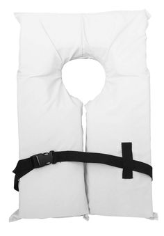 two white pillows with black straps attached to them