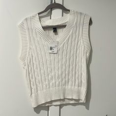 New With Tags!! Never Worn. Perfect Condition, Great Quality Trendy White Sweater Vest, Forever 21 V-neck Tops For Winter, Trendy White Sweater Vest For Spring, Forever 21 Fitted Casual Sweater, Fitted Casual Sweater By Forever 21, Forever 21 Casual Spring Sweater, Forever 21 Sweater, White Sweaters, Sweater Vest