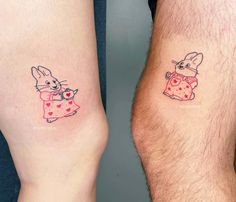 two people with matching tattoos on their legs, one has a rabbit in a dress