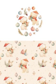 two different christmas wallpapers with teddy bears in hats and ornaments on the same wall