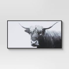 a black and white photo of a cow with long horns on it's head