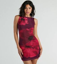 Get ready to bloom in this floral mesh mini dress at a girl's brunch or evening soiree! The sleeveless crew neckline and bodycon silhouette highlight your curves, while the bold floral print and mesh fabric add a touch of feminine charm. Complete the look in simple stiletto heels.Fit & FeaturesBlooming floral printSheer mesh fabric with knit lining, plenty of stretchCrew necklineBodycon silhouetteRuns true to size Orange Homecoming Dresses, Purple Homecoming Dress, Short Graduation Dresses, Blooming Bouquet, Backless Dress Short, Green Homecoming Dresses, Beach Wedding Guest Dress, Homecoming Outfits, Formal Dresses With Sleeves