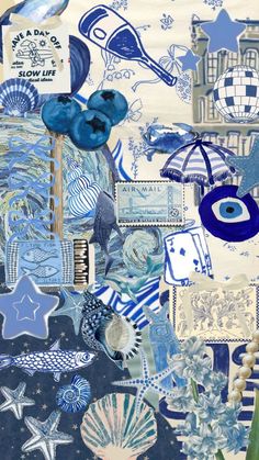 a collage of blue and white items