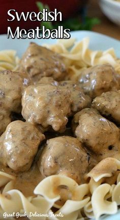 meatballs and noodles on a plate with gravy in the middle, ready to be eaten