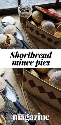 two pictures of shortbreads and other pastries on a table with the words shortbread mince pies