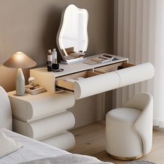 a white desk with a mirror, stool and lamp next to it in a bedroom