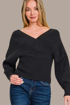 The viscose cross wrap pullover sweater is crafted from the best quality viscose material, ensuring a soft and comfortable wear. This sweater features a stylish cross wrap design on both the front and back, adding a unique and fashionable element to the piece. Perfect for layering or wearing on its own, this sweater offers a chic and versatile option for staying warm and stylish during the cooler months. Features: Basic style Stretch: Slightly stretchy Material composition: 50% viscose, 28% nylo Fall V-neck Wrap Top For Layering, Fall Layering Wrap Top, Knit Wrap Tops For Fall, Faux Wrap V-neck Top For Fall, Knit Wrap Top For Layering, Chic Wrap Top For Winter, Stretch Knit Wrap Tops, Winter Wrap Tops For Layering, Fall Wrap Top