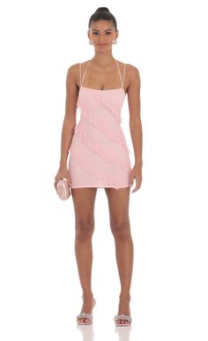 Mesh Ruffle Dress in Pink | LUCY IN THE SKY Fitted Ruffle Dress With Strappy Back, Fitted Dress With Ruffles And Strappy Back, Chic Spring Suspender Dress With Strappy Back, Spring Strappy Back Suspender Dress For Date Night, Spring Mini Dress With Ruffles And Strappy Back, Fitted Mini Dress With Adjustable Ruffled Straps, Party Mini Dress With Tie Straps And Strappy Back, Fitted Mini Dress With Delicate Strappy Back, Spring Suspender Dress With Strappy Back