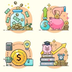 four different types of money and piggy bank