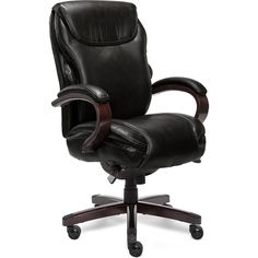 an office chair with black leather upholstered back and arms