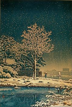 an image of a snowy scene with trees and people in the snow near a lake