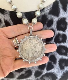 Silver Dollar Reproduction Coin Necklace, Coin Necklace With Pearls, - Etsy Silver Coin Jewelry, Necklace With Pearls, Silver Coin Necklace, Coin Bracelet, Chain Links, Coin Jewelry, Silver Coin, Silver Dollar, Vintage Jewels