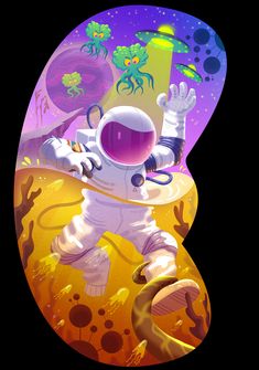 an astronaut floating in the space between two planets